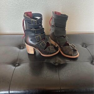 freebird Black Multi-Buckle Cutout Heeled Booties